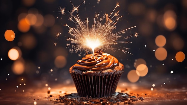 Chocolate cupcake with sparkler and heart of light Generative AI