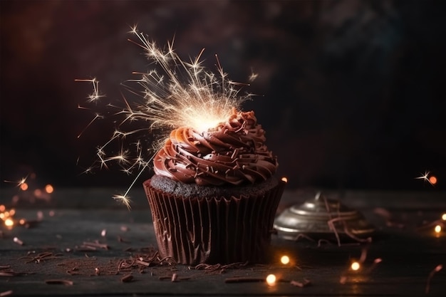 A chocolate cupcake with a sparkler on top