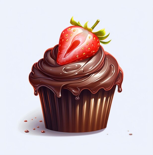 イチゴを上に乗せたチョコレートカップケーキとチョコレートアイシングの生成AI