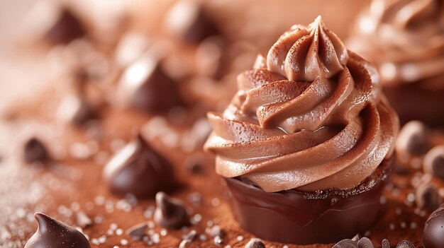 茶色の背景のチョコレートカップケーキ クローズアップ