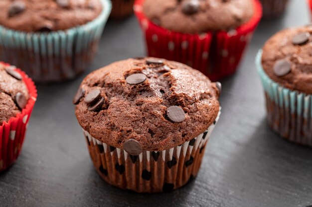 Chocolate cupcakes cup cake with chocolate sprinkles side view Closeup