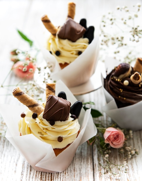 Chocolate cupcakes on white wooden background