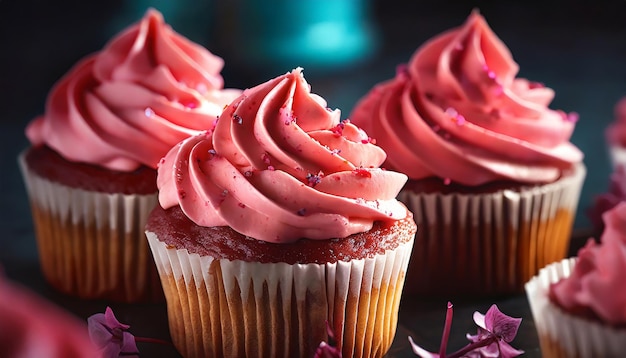 Chocolate cupcakes with beige ganache frosting Dessert with whipped cream