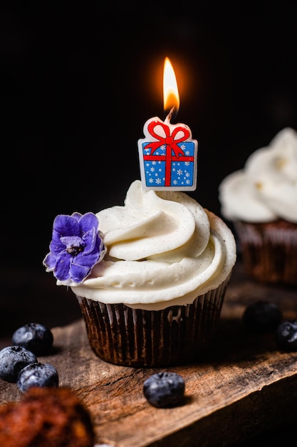 Chocolate cupcakes with blueberries on a dark table