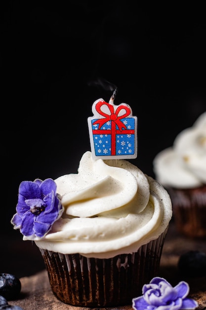 Chocolate cupcakes with blueberries on a dark table