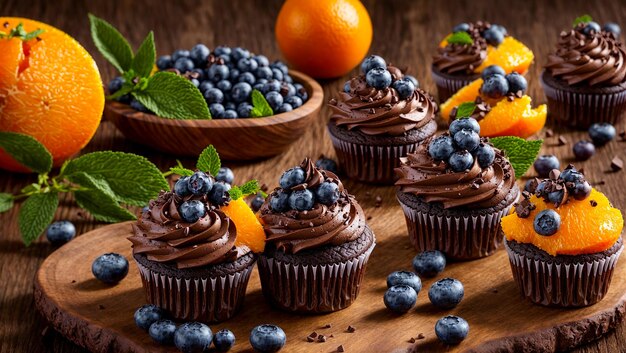 Chocolate cupcakes with blueberries in the kitchen