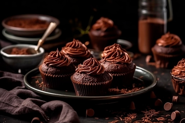 チョコレートのカップケーキとチョコラートのグラスが,チョコロートのカールが付いた皿に.