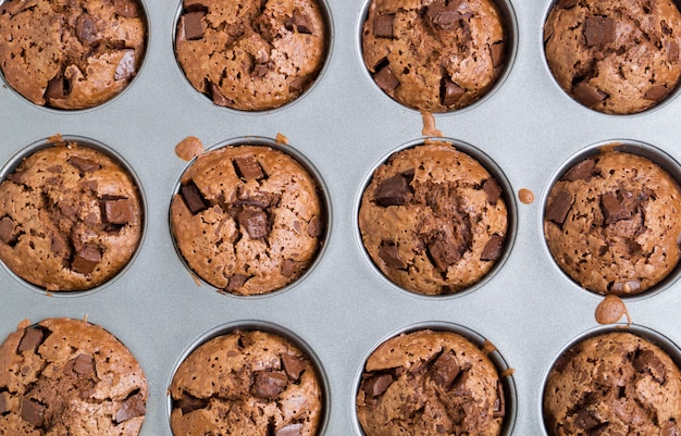 Chocolate cupcakes with chocolate pieces in a baking dish