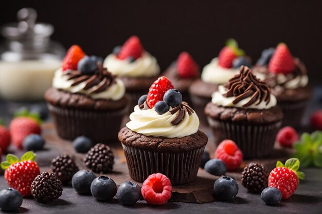 Foto cupcake al cioccolato con glassa al formaggio alla crema e bacche fresche selettiva