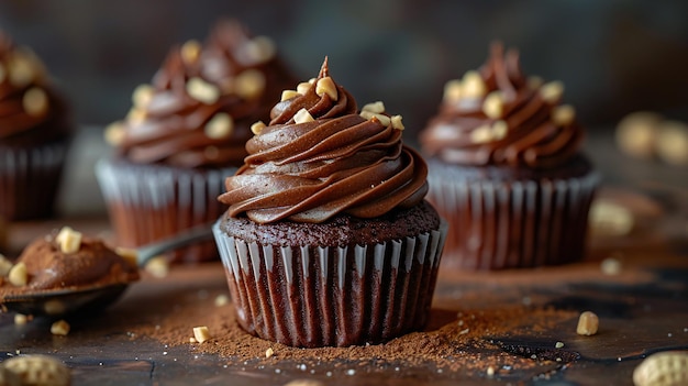 Chocolate Cupcakes with Lush Frosting and Rustic Backdrop