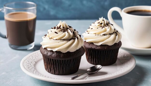 Шоколадные кексы с ванильной глазурой и чашка кофе