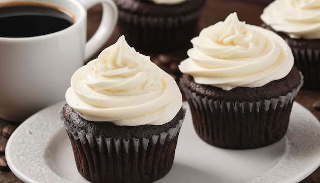 Chocolate cupcakes with vanilla frosting and a cup of coffee