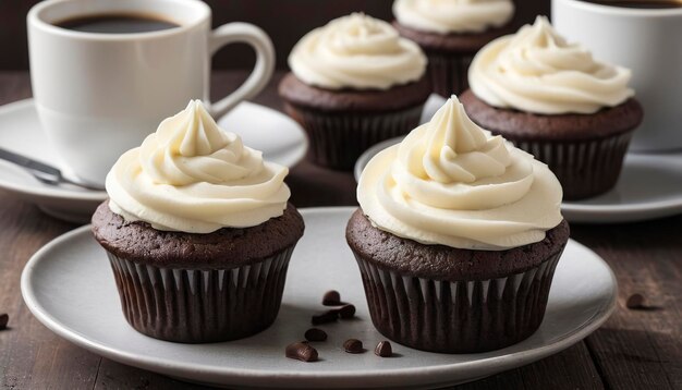 Chocolate cupcakes with vanilla frosting and a cup of coffee