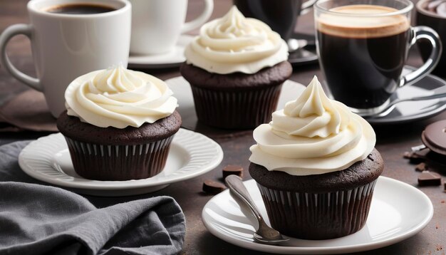 Chocolate cupcakes with vanilla frosting and a cup of coffee