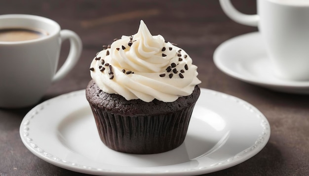 Chocolate cupcakes with vanilla frosting and a cup of coffee