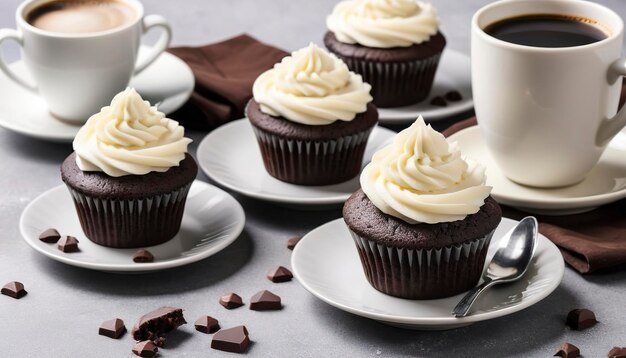 Chocolate cupcakes with vanilla frosting and a cup of coffee