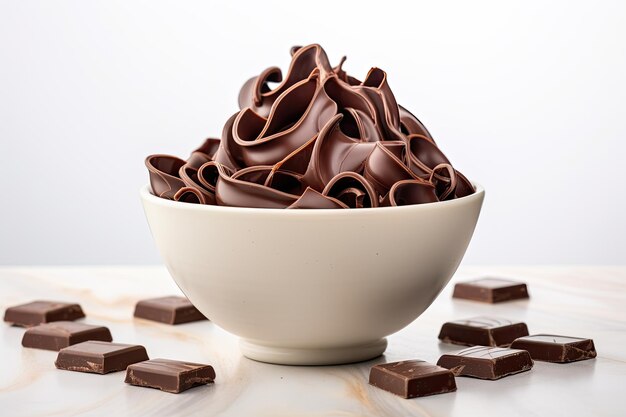 Chocolate curl adorned bowl on a light backdrop