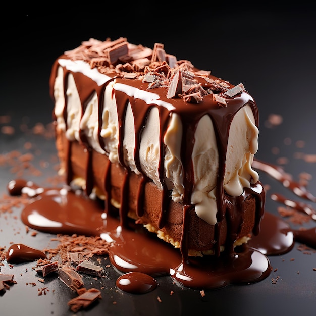 チョコレートデザートケーキとワッフル、チョコレートアイシング添え