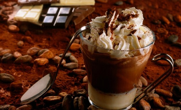 Chocolate dessert with caramel and whipped cream in a glass