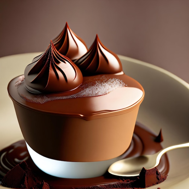 A chocolate dessert with chocolate cream and chocolate cream on top.
