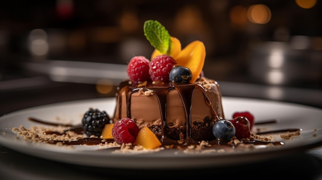 A chocolate dessert with fruit on top