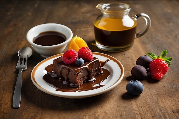 Photo chocolate dessert with fruts cinnabon and honey on table ar c