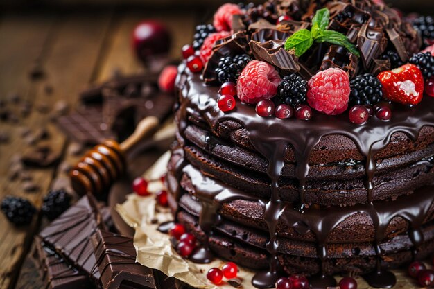 Chocolate dessert with fruts cinnabon and honey on table