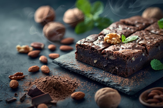 A chocolate dessert with nuts and mint on a slate board with a spoon and spoon rest on the side a