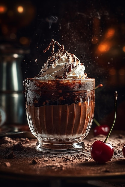 A chocolate dessert with whipped cream and chocolate sauce