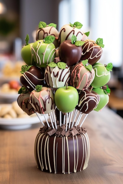 Chocolate dipped apples with chocolate sprinkles on a wooden table