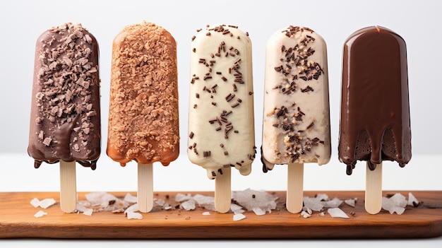 Chocolate dipped popsicles ice cream on white background