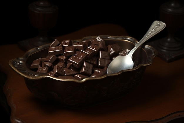 Chocolate in dish with spoon on brown