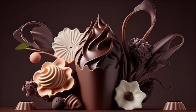 A chocolate display with a chocolate sculpture