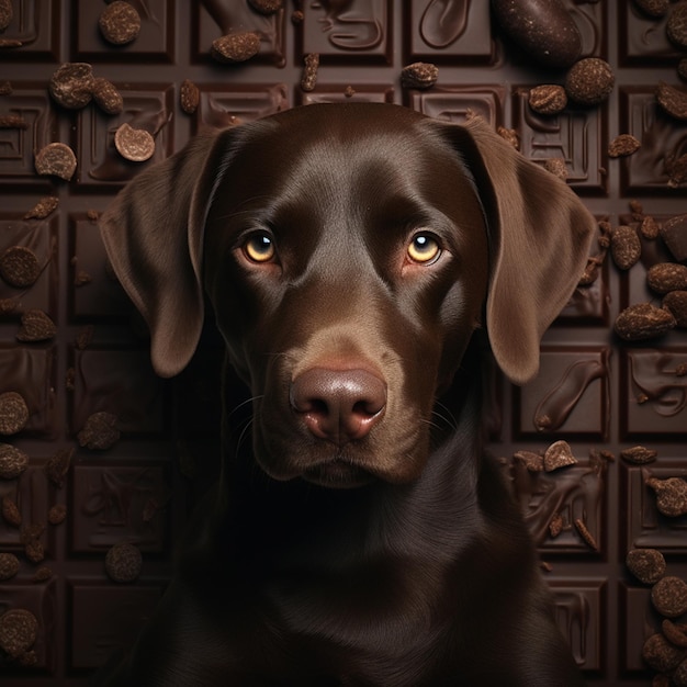 Photo chocolate dog with blue eyes and a dark background with chocolate bars generative ai