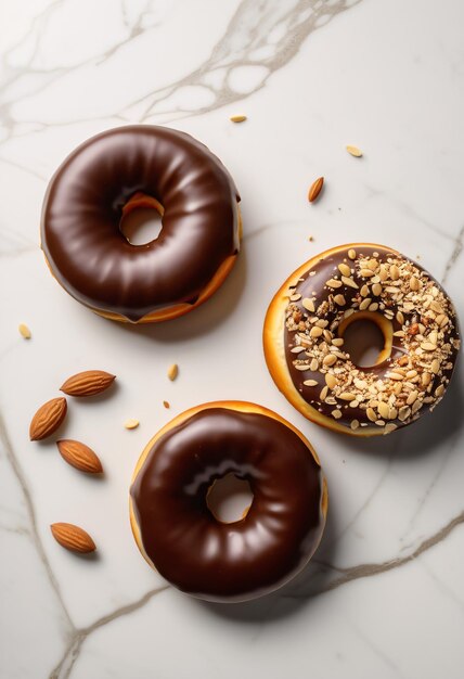 Chocolate donut with almond on white floor