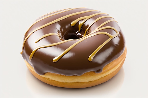 A chocolate donut with chocolate frosting and drizzled with caramel.
