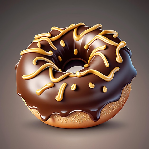 A chocolate donut with chocolate frosting and drizzled with icing