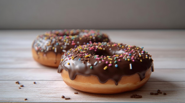 A chocolate donut with chocolate frosting and sprinkles on a white table