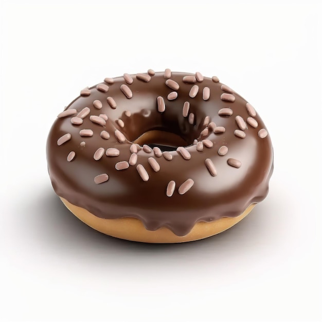 A chocolate donut with chocolate icing and sprinkles on it.