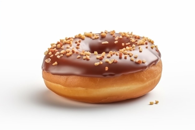 Photo a chocolate donut with chocolate icing and sprinkles sits on a white surface.