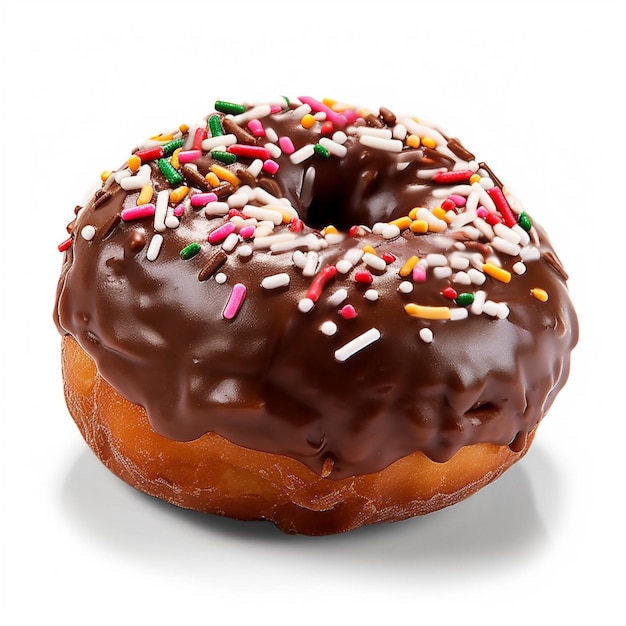 A chocolate donut with sprinkles on it