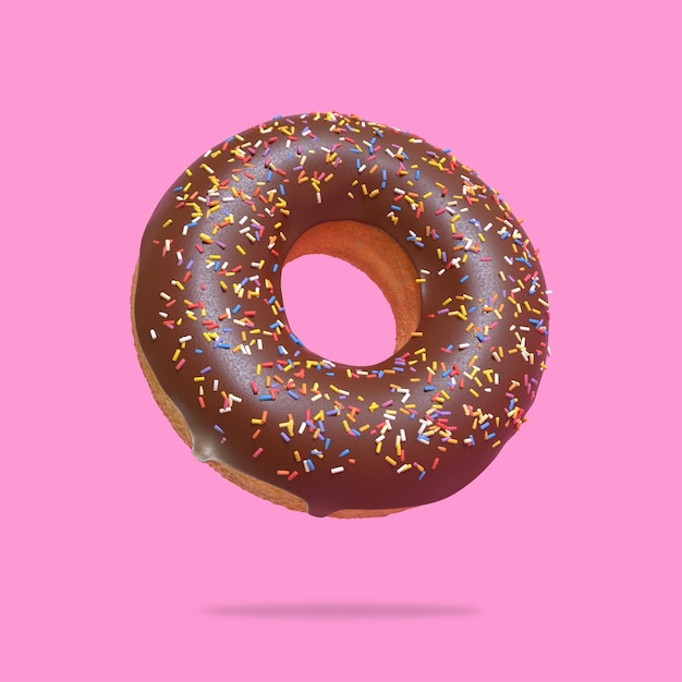 Chocolate doughnut on pink background Minimal creative concept 3D render illustration