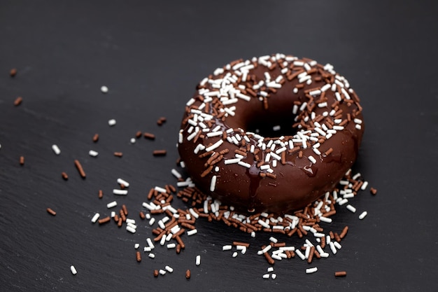 Chocolate doughnut on small dish on ceramic