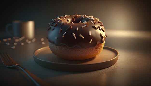 A chocolate doughnut with chocolate icing and sprinkles on top of it.