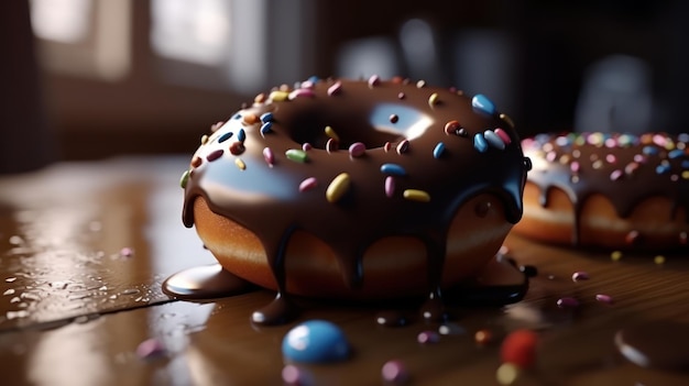 A chocolate doughnut with sprinkles on it