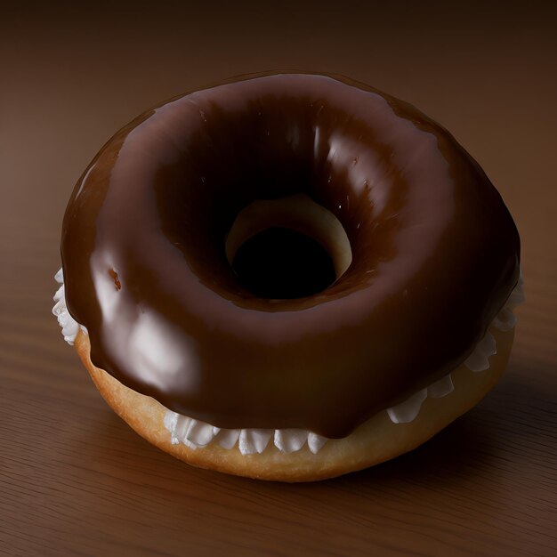 A chocolate doughnut with white frosting and chocolate icing on a table