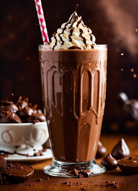 Photo a chocolate drink with a straw in the middle of it