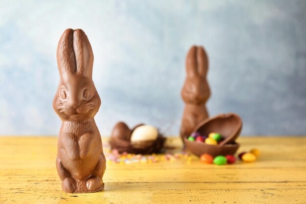 chocolate easter bunny on table