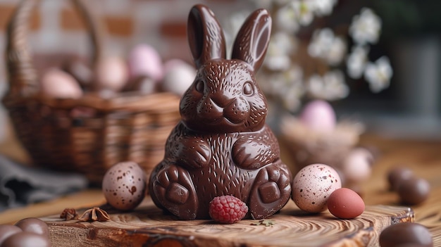 chocolate Easter bunny with a basket of colored eggs