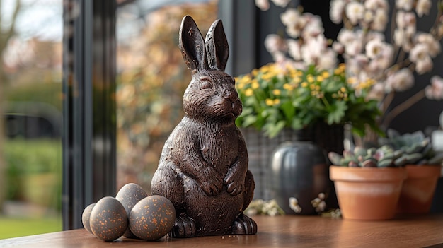 chocolate Easter bunny with a basket of colored eggs